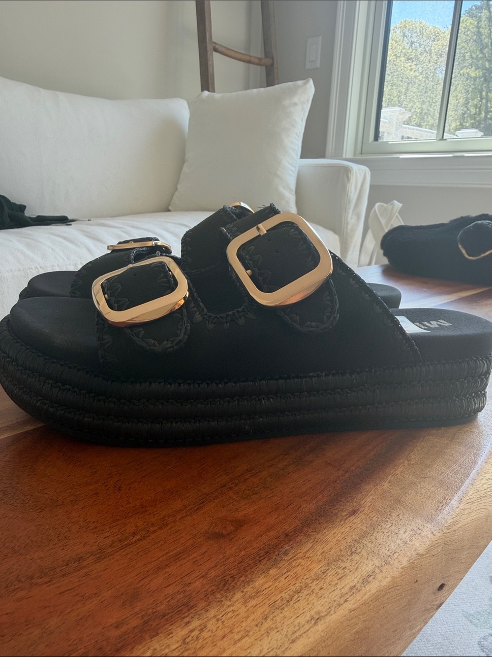 MIA Black Platform Slide Sandals with Gold Buckles and woven sole